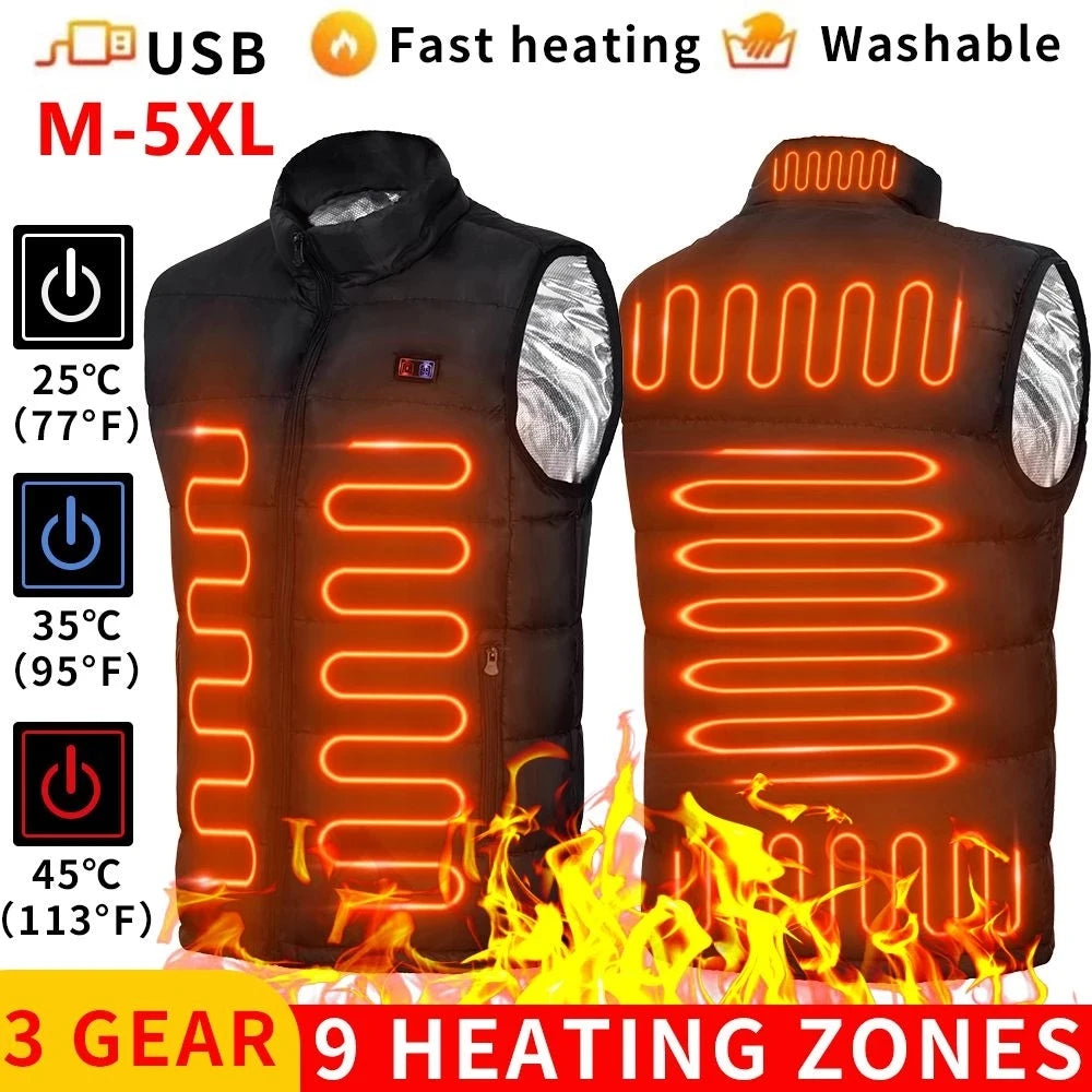 Black USB heated vest with nine heating zones